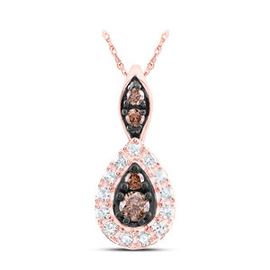 10kt Rose Gold Womens Round Brown Diamond Teardrop Pendant 1/5 Cttw