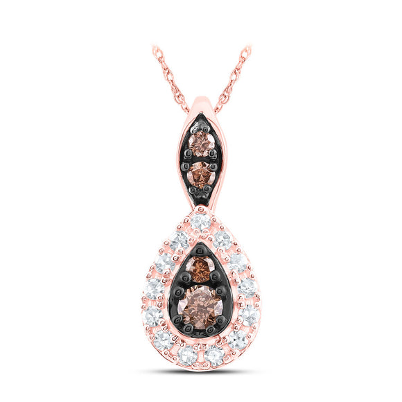 10kt Rose Gold Womens Round Brown Diamond Teardrop Pendant 1/5 Cttw
