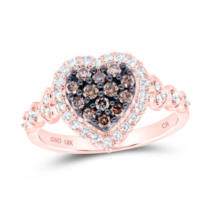 10kt Rose Gold Womens Round Brown Diamond Heart Ring 1/2 Cttw