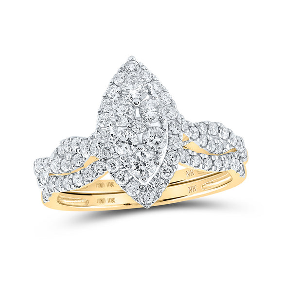 10kt Yellow Gold Round Diamond Marquise-shape Bridal Wedding Ring Band Set 1 Cttw