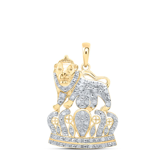 Sterling Silver Mens Round Diamond Lion Crown Charm Pendant 1/4 Cttw