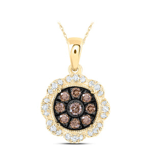 10kt Yellow Gold Womens Round Brown Diamond Cluster Pendant 1/3 Cttw