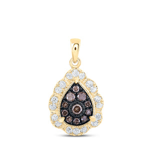 10kt Yellow Gold Womens Round Brown Diamond Teardrop Pendant 1/4 Cttw