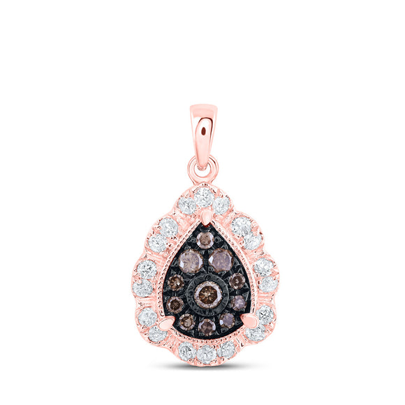 10kt Rose Gold Womens Round Brown Diamond Teardrop Pendant 1/4 Cttw