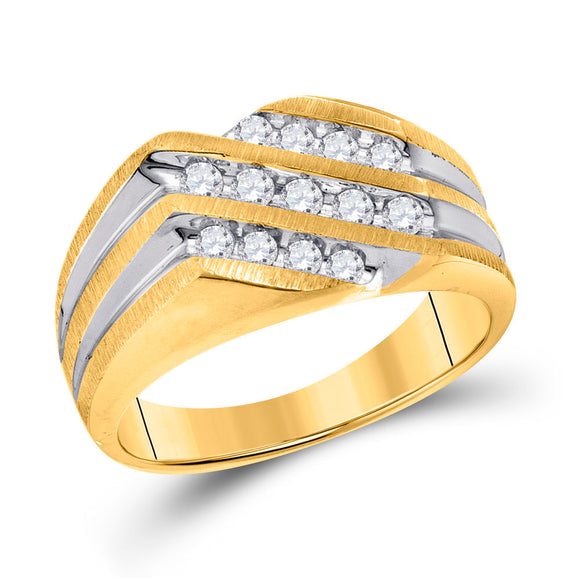 10kt Two-tone Gold Mens Round Diamond Diagonal 3 Row Fashion Ring 1/2 Cttw