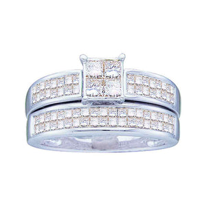 14kt White Gold Princess Diamond Bridal Wedding Ring Band Set 1 Cttw