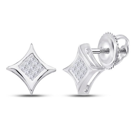 14kt White Gold Womens Princess Diamond Cluster Square Kite Earrings 1/6 Cttw