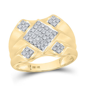 10kt Yellow Gold Mens Round Diamond Diagonal Square Cluster Ring 1/3 Cttw