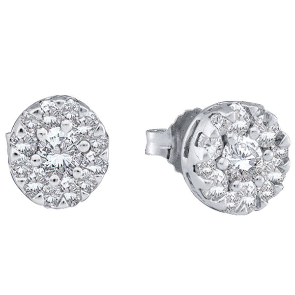 14kt White Gold Womens Round Diamond Flower Cluster Earrings 1/2 Cttw