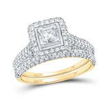 14kt Yellow Gold Princess Diamond Halo Bridal Wedding Ring Band Set 1-1/4 Cttw