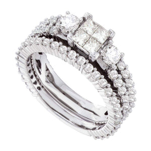 14kt White Gold Princess Diamond Cluster Bridal Wedding Ring Band Set 2 Cttw