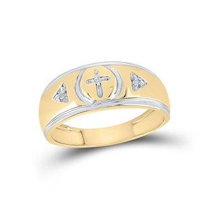 Yellow-tone Sterling Silver Mens Round Diamond Cross Wedding Band Ring 1/20 Cttw