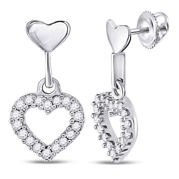 10kt White Gold Womens Round Diamond Small Heart Dangle Earrings 1/5 Cttw