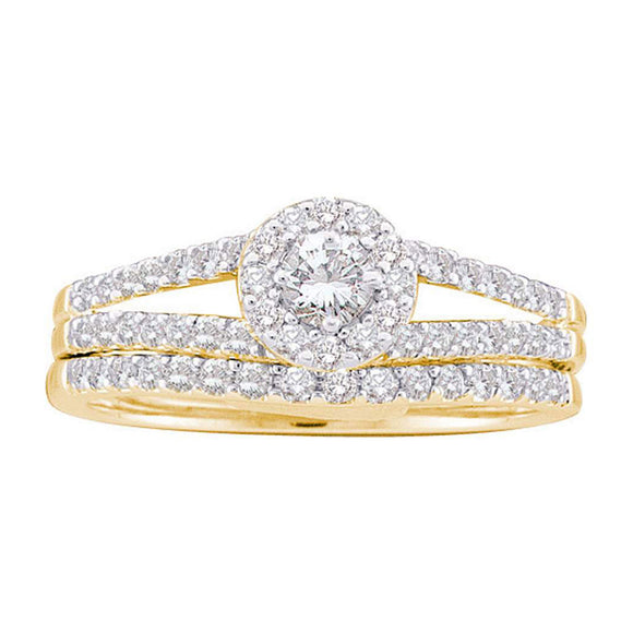 14kt Yellow Gold Round Diamond Split-Shank Bridal Wedding Ring Band Set 5/8 Cttw