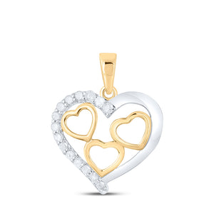 10kt Yellow Gold Womens Round Diamond Two-tone Nested Heart Pendant 1/5 Cttw