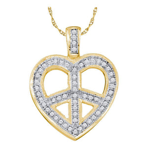 10kt Yellow Gold Womens Round Diamond Heart Peace Sign Pendant 1/6 Cttw