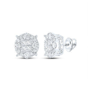 14kt White Gold Womens Princess Round Diamond Cluster Earrings 2 Cttw