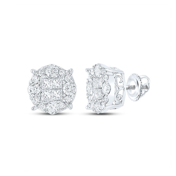 14kt White Gold Womens Princess Round Diamond Cluster Earrings 2 Cttw