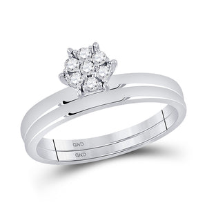 10kt White Gold Round Diamond Cluster Bridal Wedding Ring Band Set 1/6 Cttw