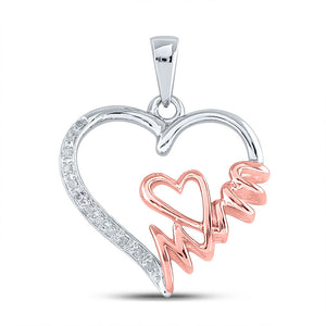 Two-tone Sterling Silver Womens Round Diamond Mom Heart Pendant 1/20 Cttw
