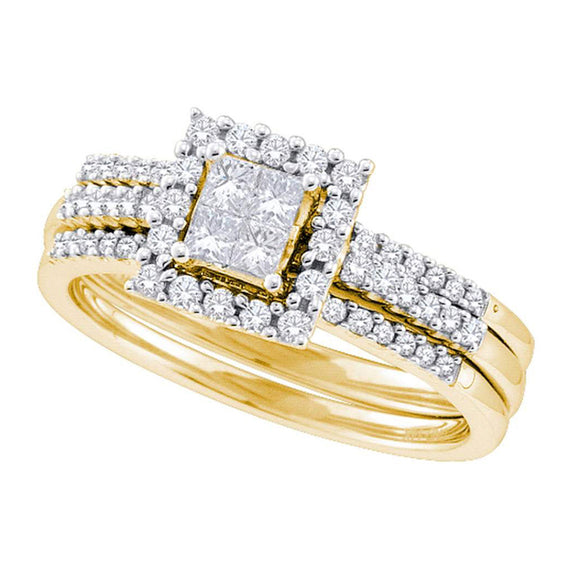 14kt Yellow Gold Princess Diamond 3-Piece Bridal Wedding Ring Band Set 1/2 Cttw
