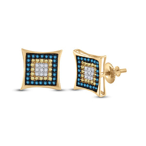 10kt Yellow Gold Yellow Blue Color Enhanced Diamond Square Cluster Earrings 1/3 Cttw