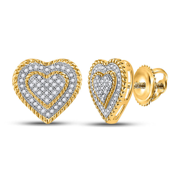 10kt Yellow Gold Womens Round Diamond Roped Heart Cluster Earrings 1/3 Cttw