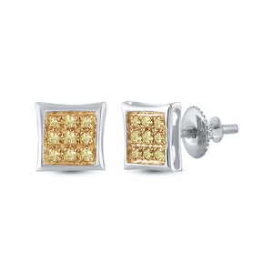 10kt White Gold Womens Round Yellow Color Enhanced Diamond Square Earrings 1/20 Cttw