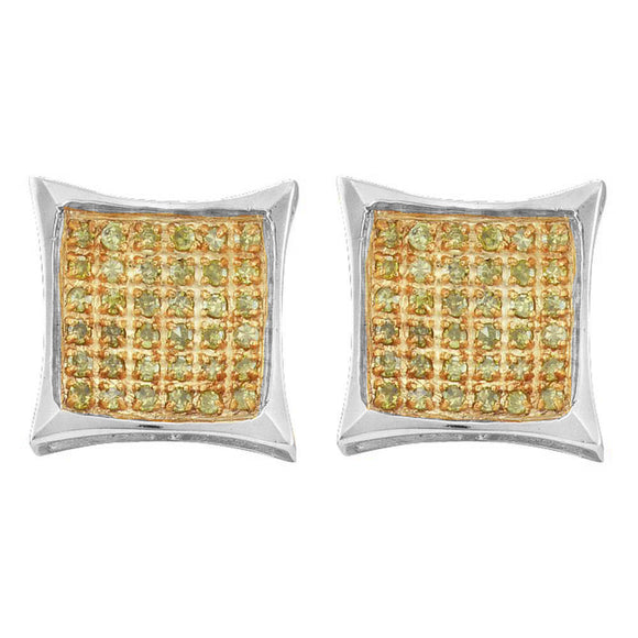 10kt White Gold Round Yellow Color Enhanced Diamond Square Earrings 1/10 Cttw
