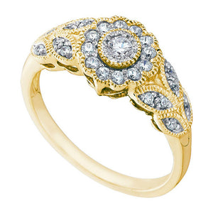 10kt Yellow Gold Womens Round Diamond Solitaire Floral Cluster Milgrain Ring 1/3 Cttw