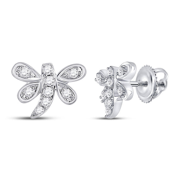 10kt White Gold Womens Round Diamond Dragonfly Earrings 1/8 Cttw
