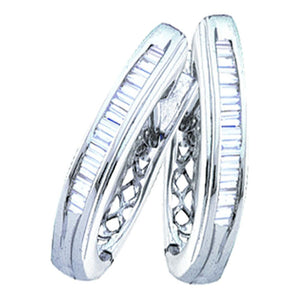 Sterling Silver Womens Baguette Diamond Hoop Earrings 1/3 Cttw
