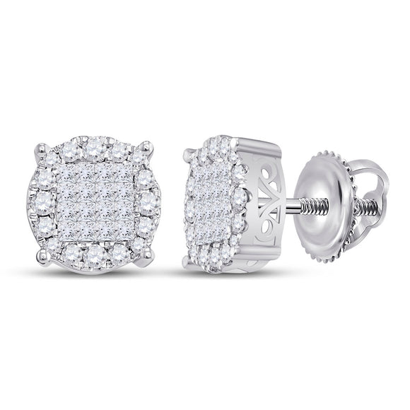 14kt White Gold Womens Princess Diamond Fashion Cluster Earrings 1/2 Cttw