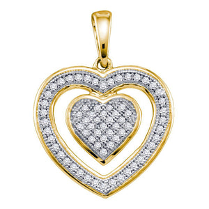 10kt Yellow Gold Womens Round Diamond Nested Heart Pendant 1/5 Cttw