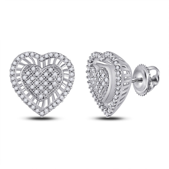 10kt White Gold Womens Round Diamond Heart Cluster Earrings 1/3 Cttw