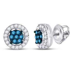 10kt White Gold Womens Round Blue Color Enhanced Diamond Cluster Earrings 1/4 Cttw