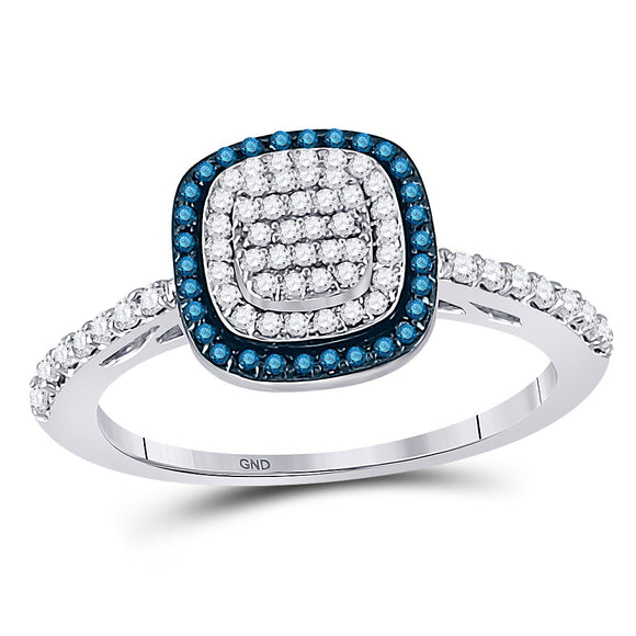 10k White Gold Womens Blue Color Enhanced Diamond Square-shape Cluster Ring 3/8 Cttw
