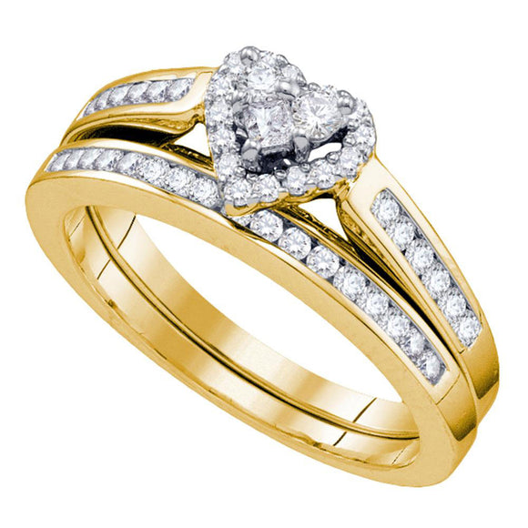 14kt Yellow Gold Diamond Heart Bridal Wedding Ring Band Set 1/2 Cttw