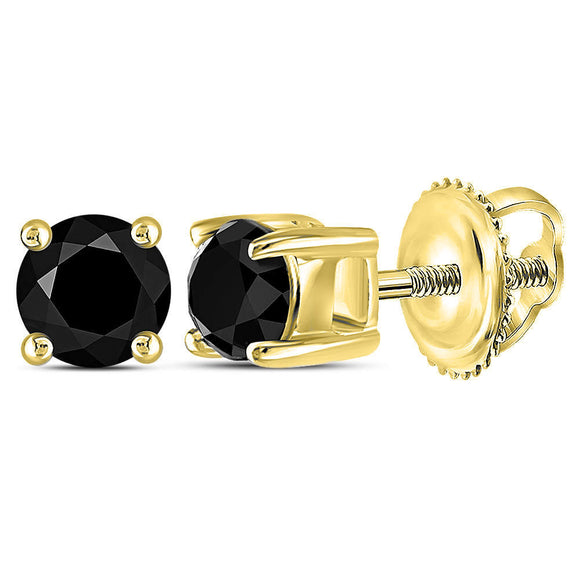 10kt Yellow Gold Unisex Round Black Color Enhanced Diamond Solitaire Stud Earrings 1/2 Cttw