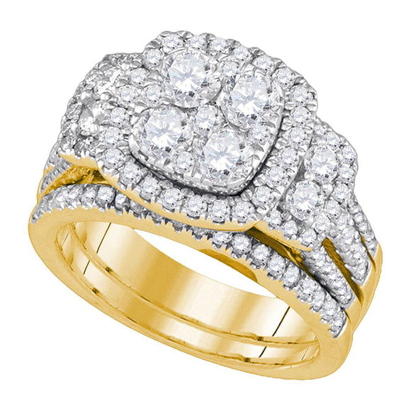 14kt Yellow Gold Round Diamond Cluster Bridal Wedding Ring Band Set 2 Cttw