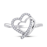 Sterling Silver Womens Round Diamond Double Heart Ring 1/6 Cttw