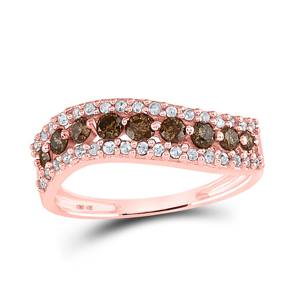 10kt Rose Gold Womens Round Brown Diamond Contoured Band Ring 3/4 Cttw