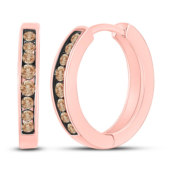 10kt Rose Gold Womens Round Brown Diamond Hoop Earrings 1/4 Cttw