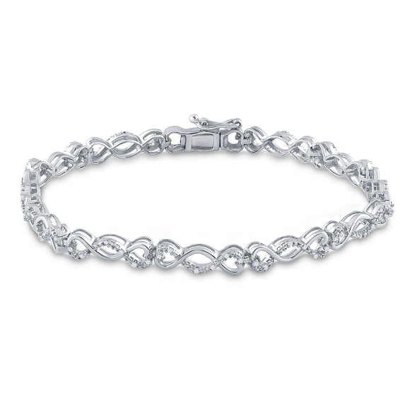 Sterling Silver Womens Round Diamond Heart Twist Link Bracelet 1/4 Cttw