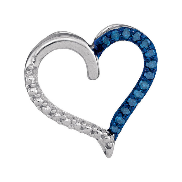Sterling Silver Womens Round Blue Color Enhanced Diamond Heart Outline Pendant 1/10 Cttw
