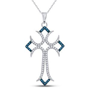 10kt White Gold Womens Round Blue Color Enhanced Diamond Flared Cross Pendant 1/4 Cttw