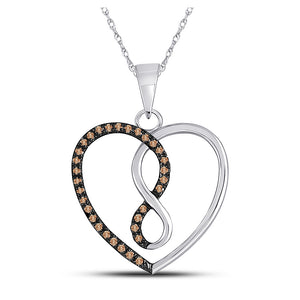 10kt White Gold Womens Round Brown Diamond Heart Infinity Pendant 1/8 Cttw