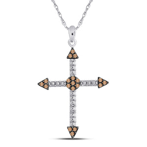 10kt White Gold Womens Round Brown Diamond Cross Beaded Pendant 1/6 Cttw