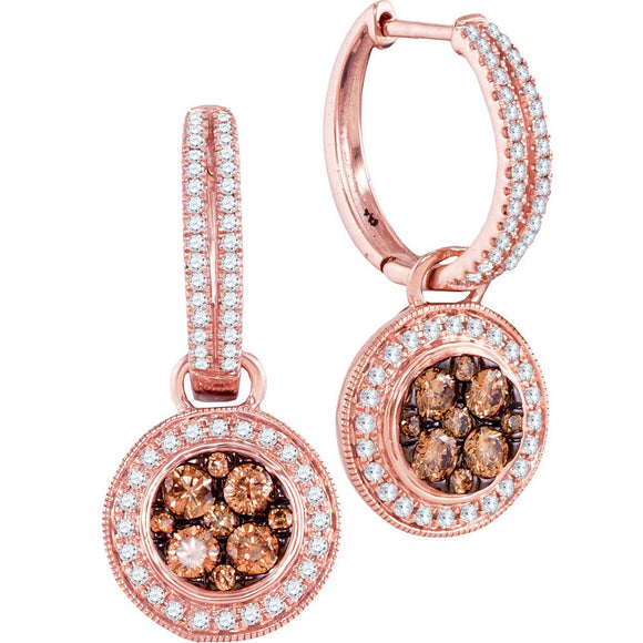 14kt Rose Gold Womens Round Brown Diamond Circle Cluster Dangle Earrings 1 Cttw
