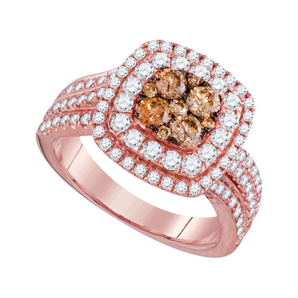 14kt Rose Gold Womens Round Brown Diamond Square Cluster Ring 1-1/2 Cttw